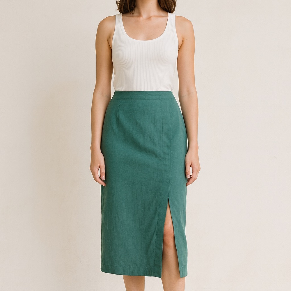 Vintage Sage Green High-Waisted Midi Skirt 100% SILK Front Slit